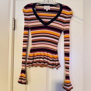 Cinq à Sept Multicolor Striped V-Neck Long Sleeve Top